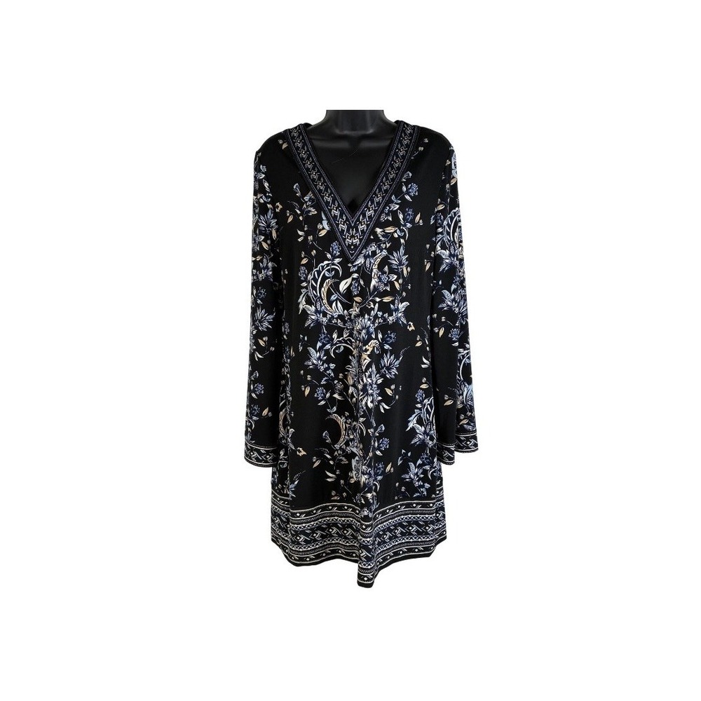 White House Black Market Sz Small Black Floral Print V Neck Long Slv Shift Dress
